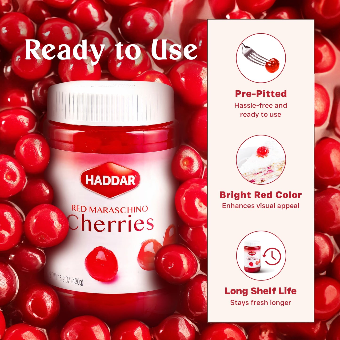 Haddar Red Maraschino Cherries - Sweet & Vibrant Cocktail Garnish, 12.6 oz, 1 Pack