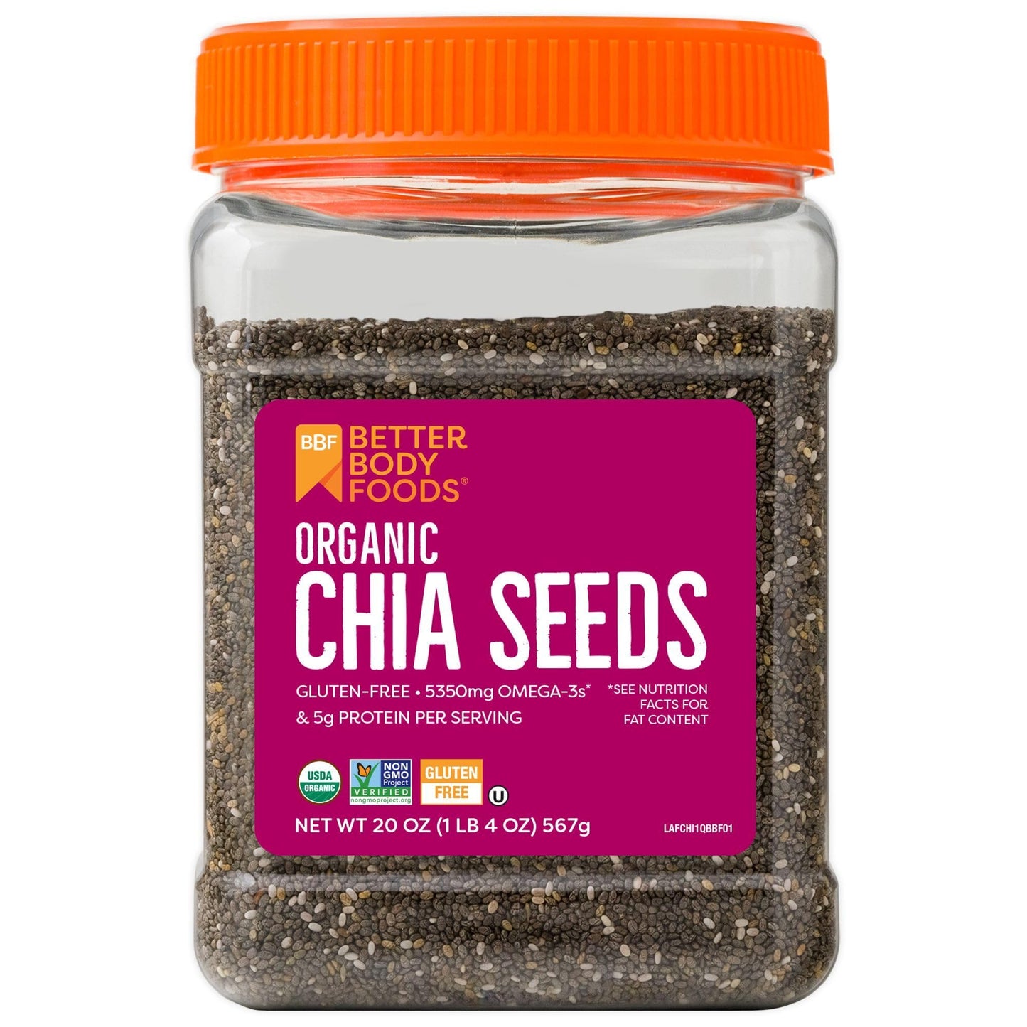 BetterBody Foods Organic Chia Seeds, 1.25lb - Non-GMO, Gluten Free, Vegan, High Fiber, Keto Friendly, Perfect for Smoothies