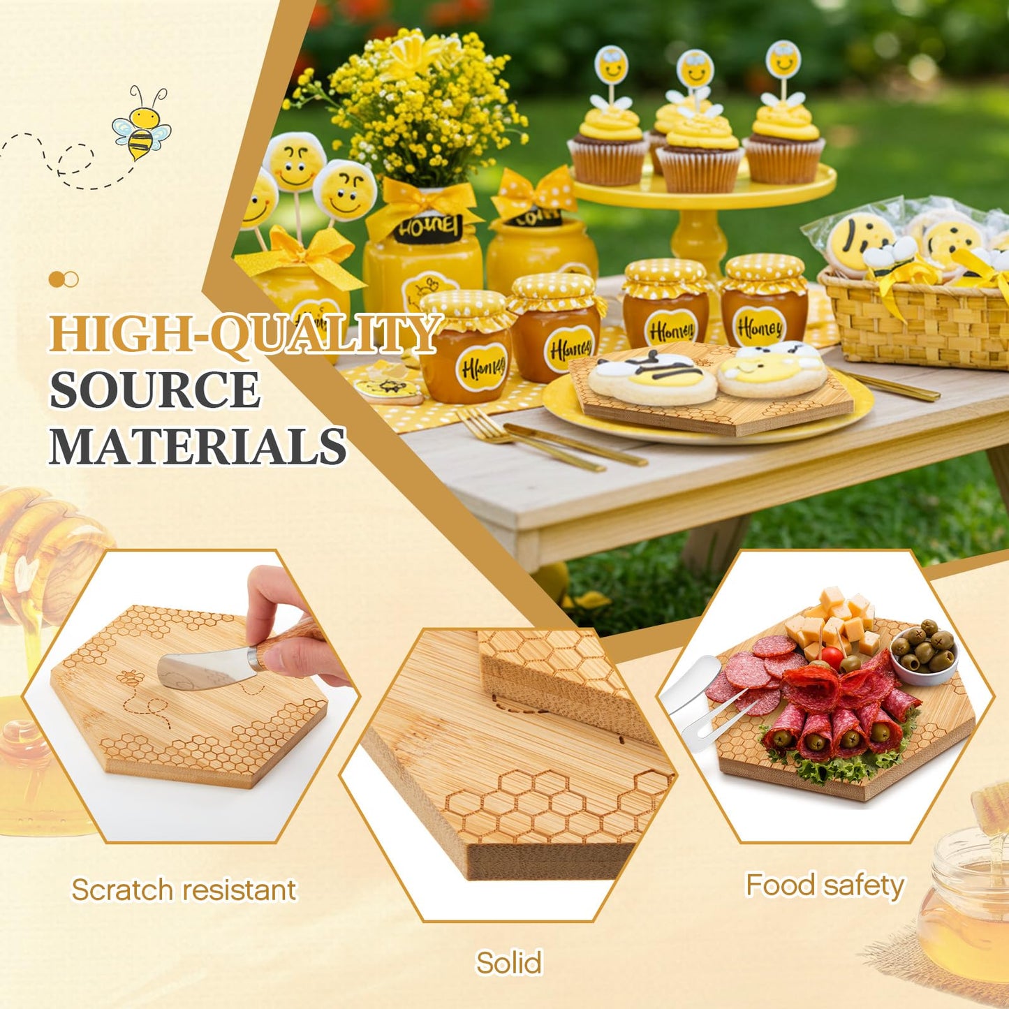 Ziliny Bridal Baby Shower Prizes Set - Honey Bee Cheese Board with cutting too & Forks, Multicolor, 5.91 x 5.91 x 0.39 inches, Model