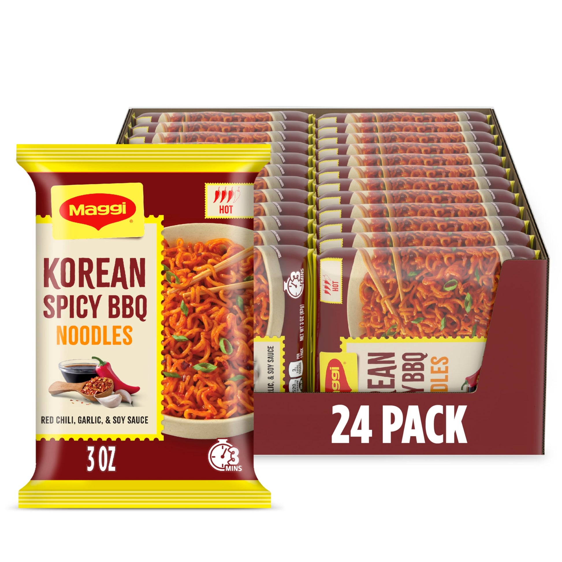 Maggi Korean Spicy BBQ Noodles, Korean Instant Noodles, 3 min, Spicy Ramen, Vegetarian, Halal, Kosher, 24-Pack