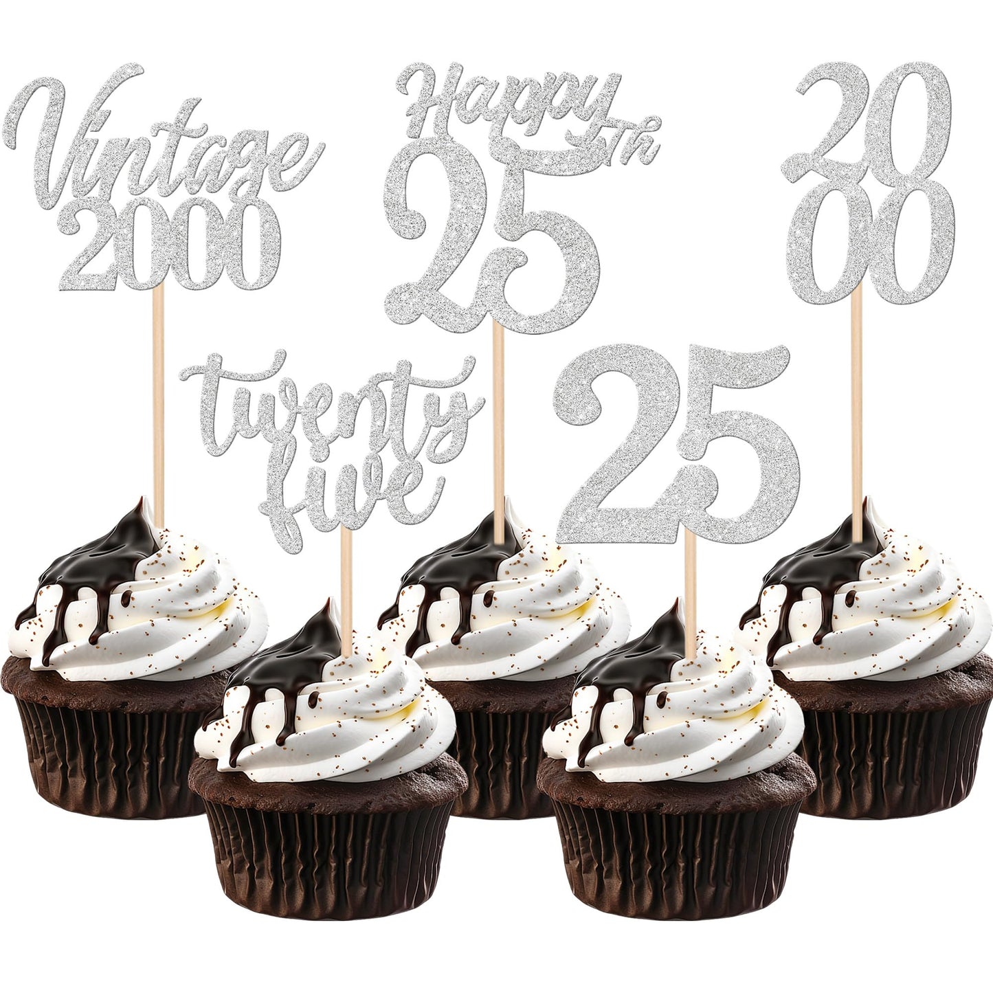 ZHUOWEISM 30PCS Cupcake Toppers for 25th Birthday, Vintage Silver Paper Picks