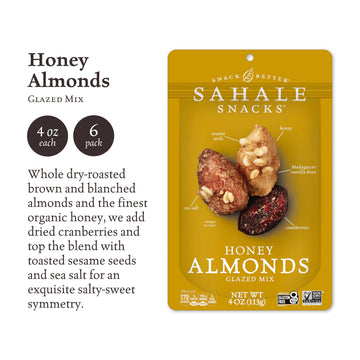 Sahale Snacks Honey Almonds Glazed Mix, 4 oz Pouches (6 Packs) - Non-GMO, Gluten-Free, Dry-Roasted Nuts with Cranberries & Vanilla