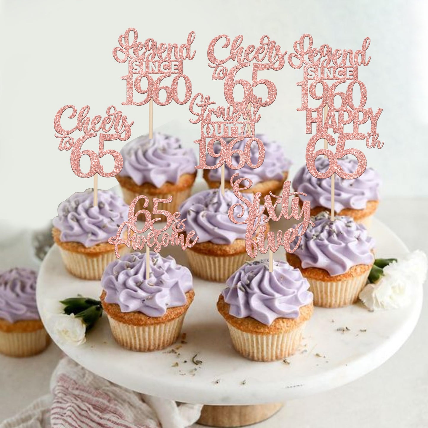 24Pcs Rose Gold Happy 65Th Birthday Cupcake Toppers Sixty Five Straight Outta 1960 Cupcake Picks Cheers To 65 Lengend Since 1960