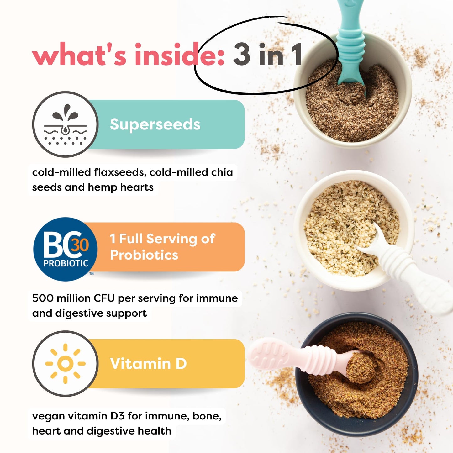 Superseed Variety Pack with Vitamin D + PROBIOTICS, Omega-3s Prebiotic Fiber Protein, Seeds for 6M+ Babies Toddlers & Kids for I