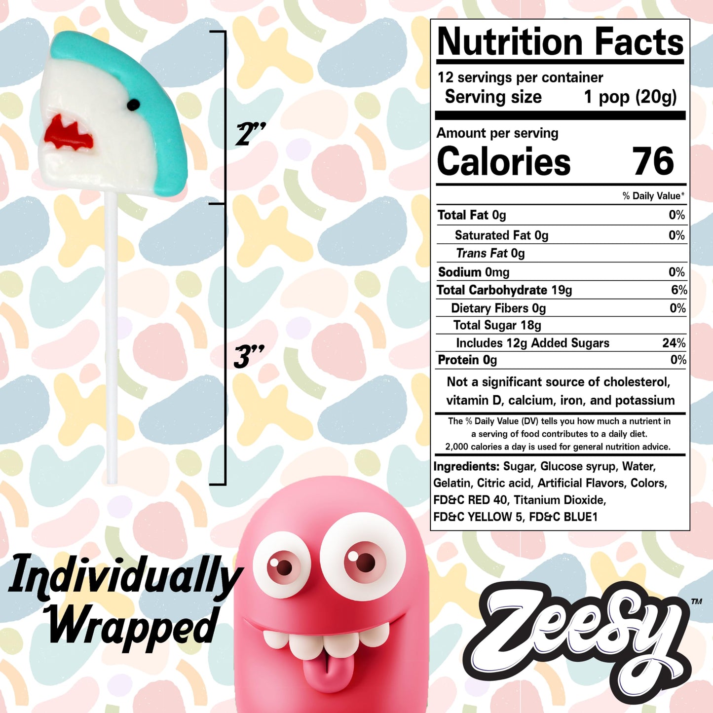 Zeesy Shark Lollipops - 12 Individually Wrapped Candy Suckers for Parties - 14.2 x 4.2 x 20.3 cm