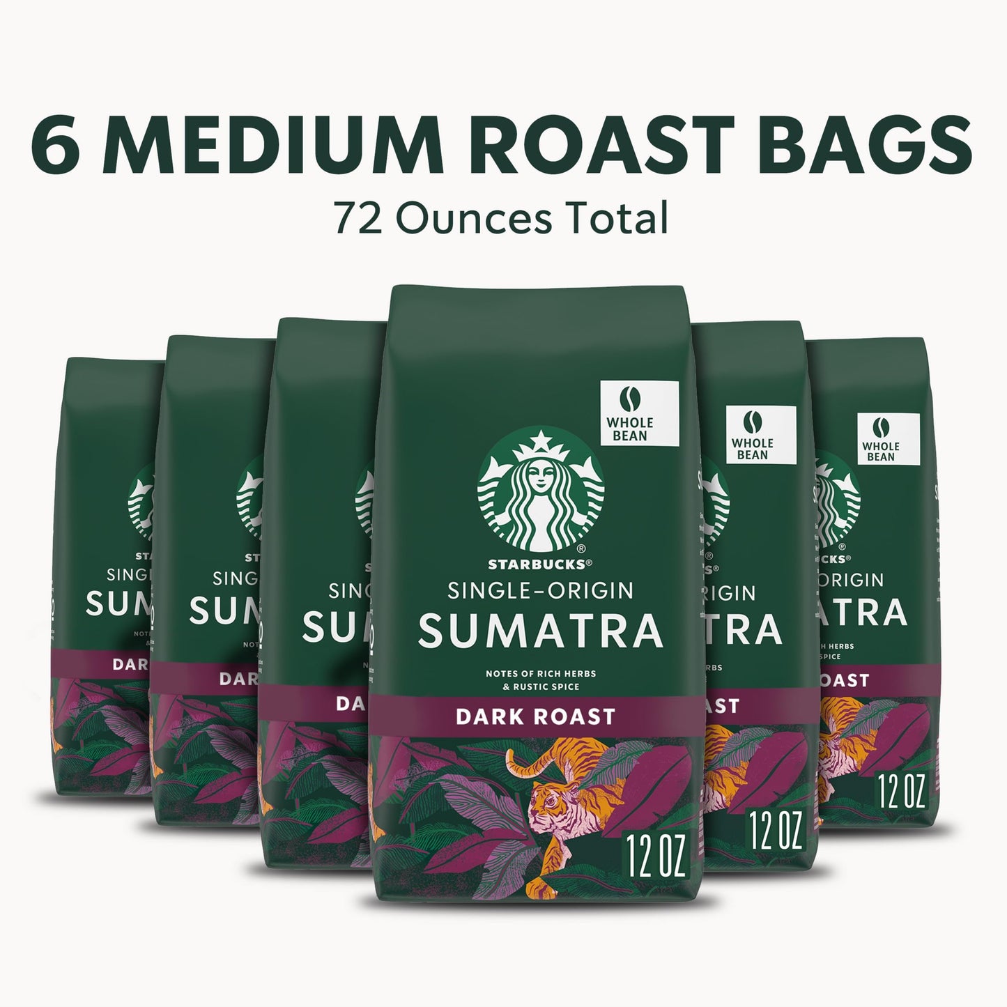 Starbucks Whole Bean Coffee, Dark Roast Coffee, Sumatra, 100% Arabica, 6 Bags (12 Oz Each)
