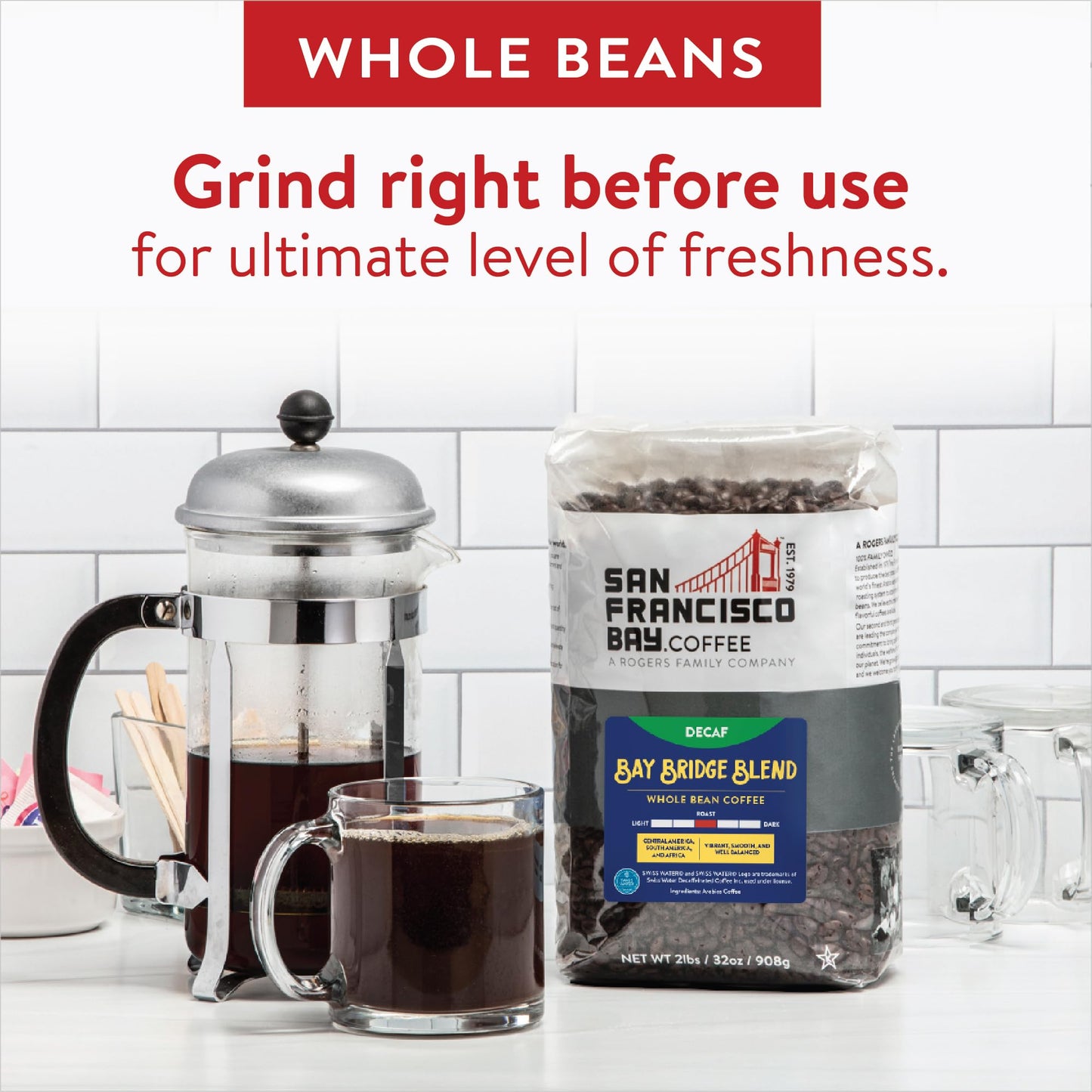 San Francisco Bay Whole Bean Coffee - DECAF Bay Bridge Blend, Medium Roast, 2lb Bag, Swiss Water Processed
