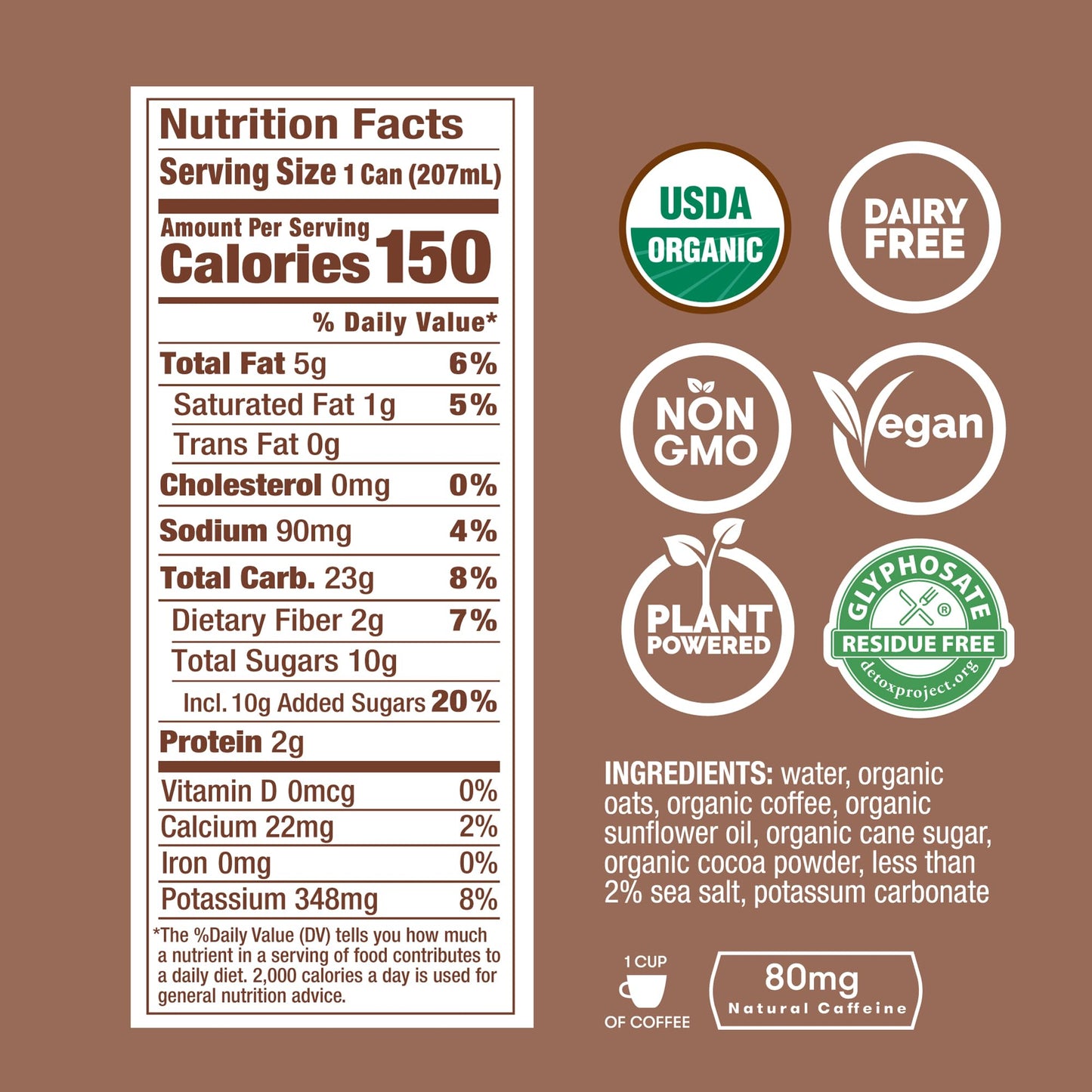 RISE Brewing Co. Oat Milk Mocha Nitro Cold Brew Coffee, No Sugar, Organic, 7 Fl Oz Cans, Pack of 12