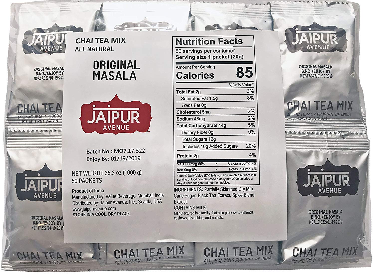 Jaipur Avenue Masala Chai Tea Mix - All-Natural, Gluten-Free, 50 Packets
