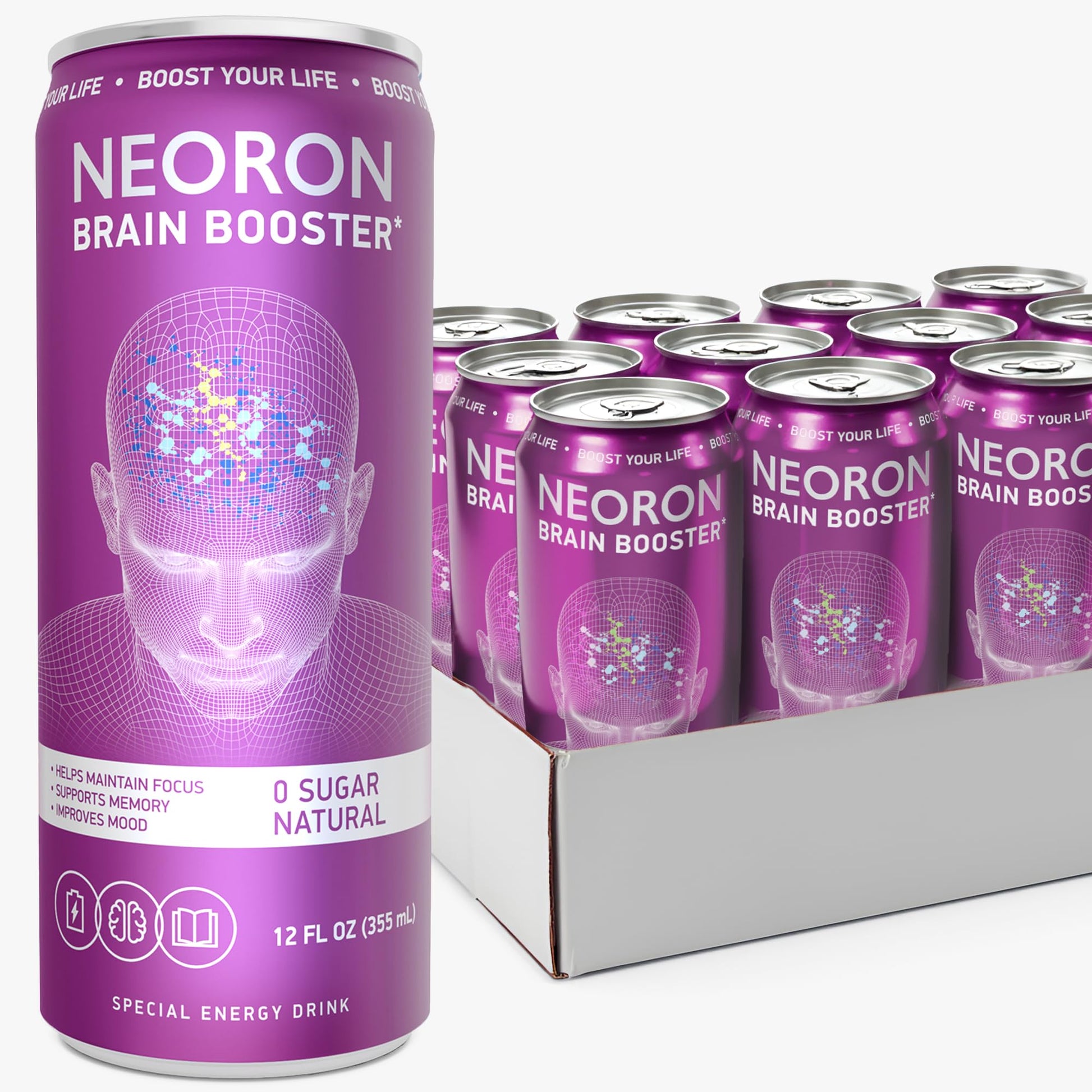 Neoron Nootropic Drink For Focus  Memory & Energy - Brain Booster With Bacopa Monnieri  Guarana  L-Theanine  B12 - Cognitive Vitality Support  No Sugar (Pack Of 12  Passion Fruit & Lime)