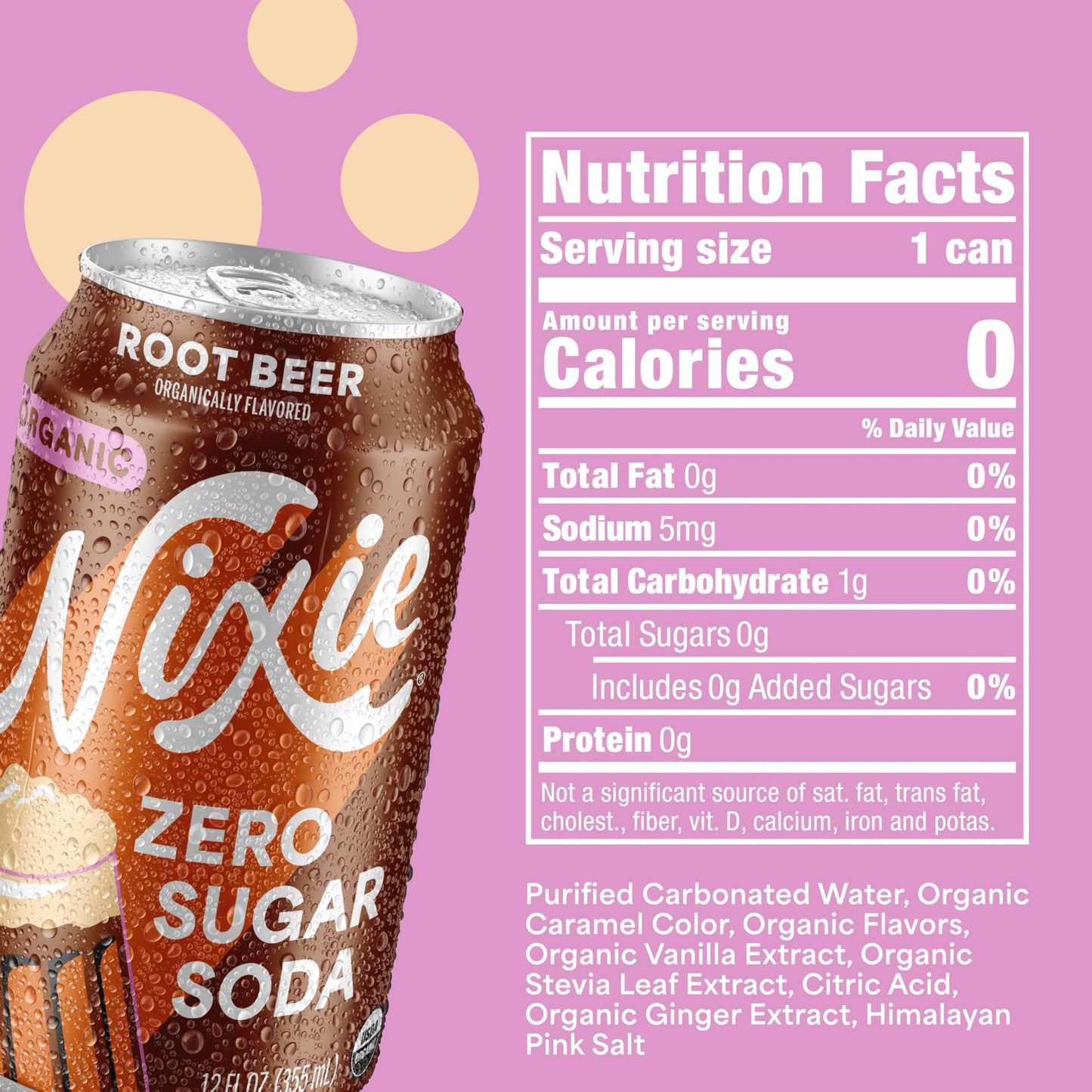 Nixie Organic Zero Sugar Root malt-inspired Soda, 12oz Cans, 12 Pack, Non-GMO, Caffeine Free, 0 Sugar, 0 Calories