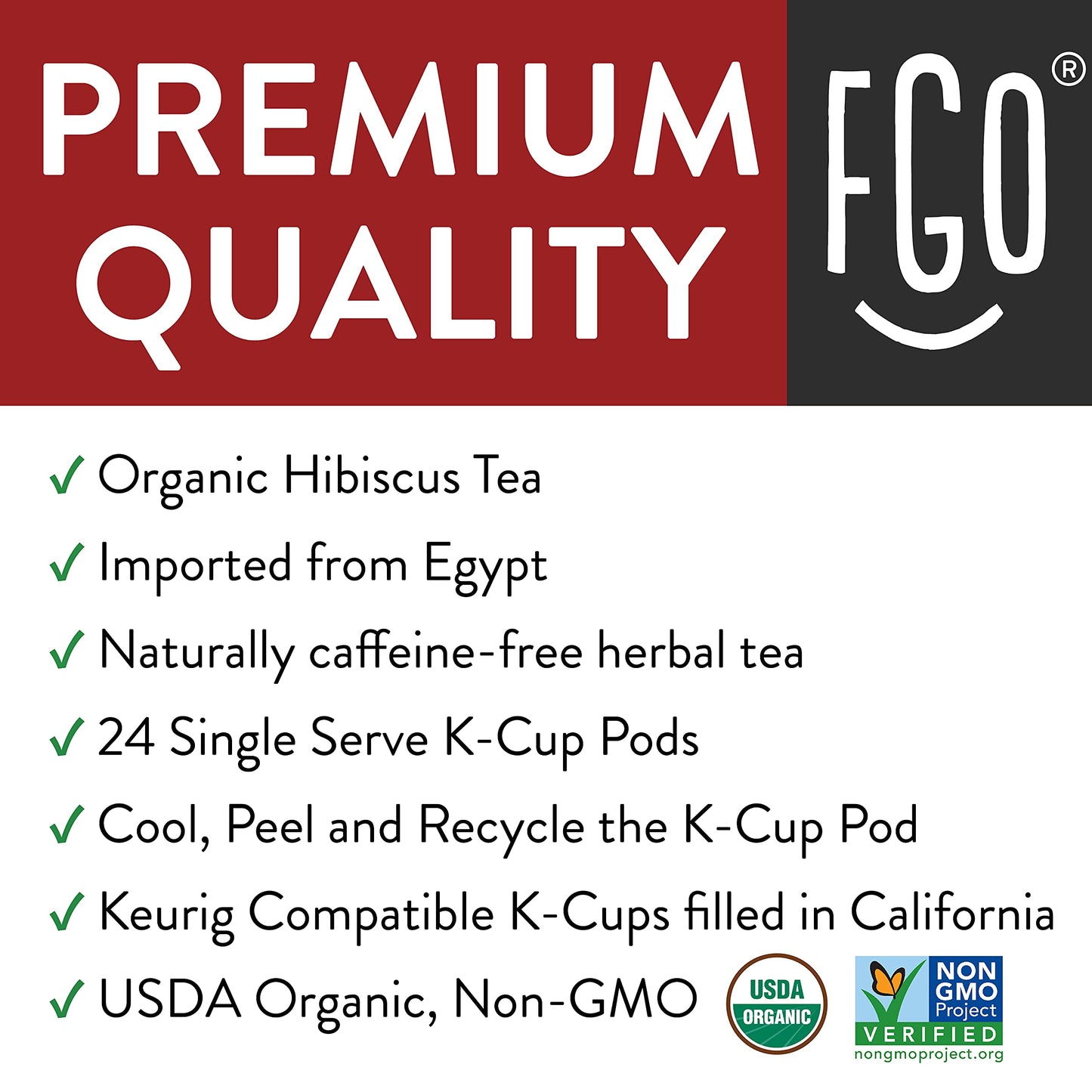 Organic Hibiscus Herbal Tea K-Cup Pods  24 Pods by FGO - Keurig Compatible - Naturally Caffeine-Free Tea  enhanced Green Tea is USDA Organic  Non-GMO  & Recyclable