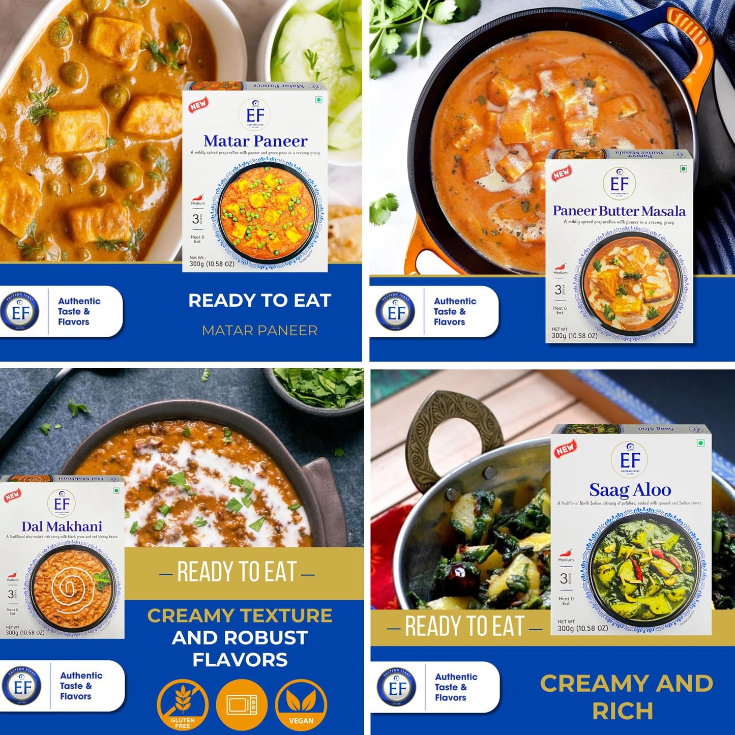 Eastern Feast - Rte Variety Mix #2, (Matar Paneer, Butter Paneer, Dal Makhani, Saag Aloo), Ready To Eat Vegetarian Meals, (10.58