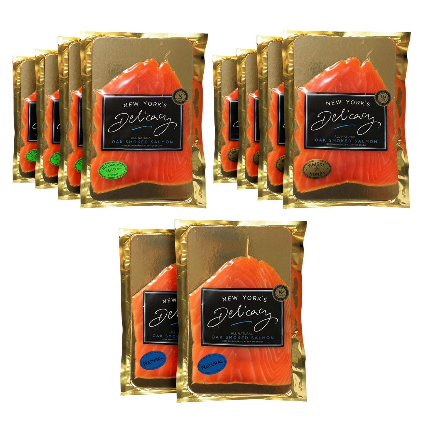 New Yorks Delicacy Smoked Salmon Nova Combo - 10 x 4 Oz. (2.5 Lb.) - Natural, Whiskey & Honey, Gin & Tonic Flavors