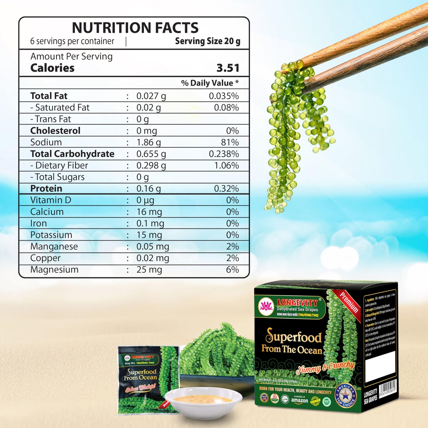 LONGEVITY Sea Grapes - Umibudo Green Caviar, Dehydrated, Marinated in Saltwater, 1.4 oz (Pack of 2) - Boost Health & Immune