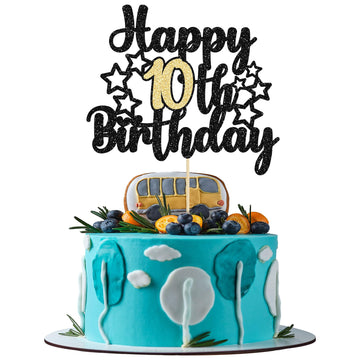 Gyufise Happy 10Th Birthday Cake Topper, 1Pc Black Gold Glitter Cheers To 10 Years, Premium Material, Food-Grade, For Birthday A