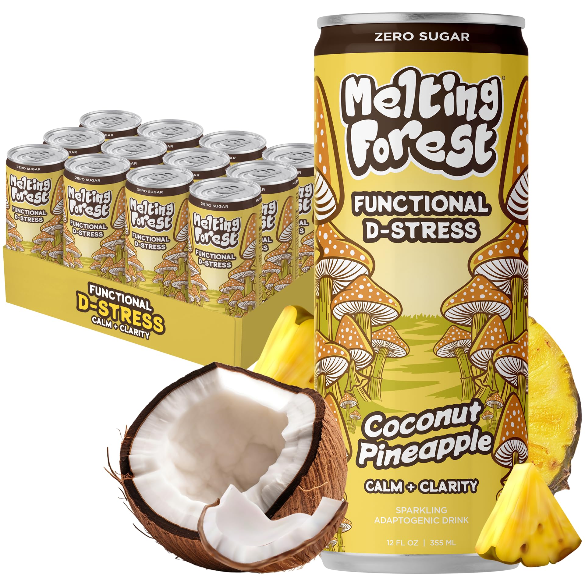 Melting Forest Mushroom D-Stress  Sparkling Adaptogen Drink with L-Theanine  Lions Mane and Vitamin B  Zero Sugar  5 Calories  Coconut Pineapple (12-Pack)