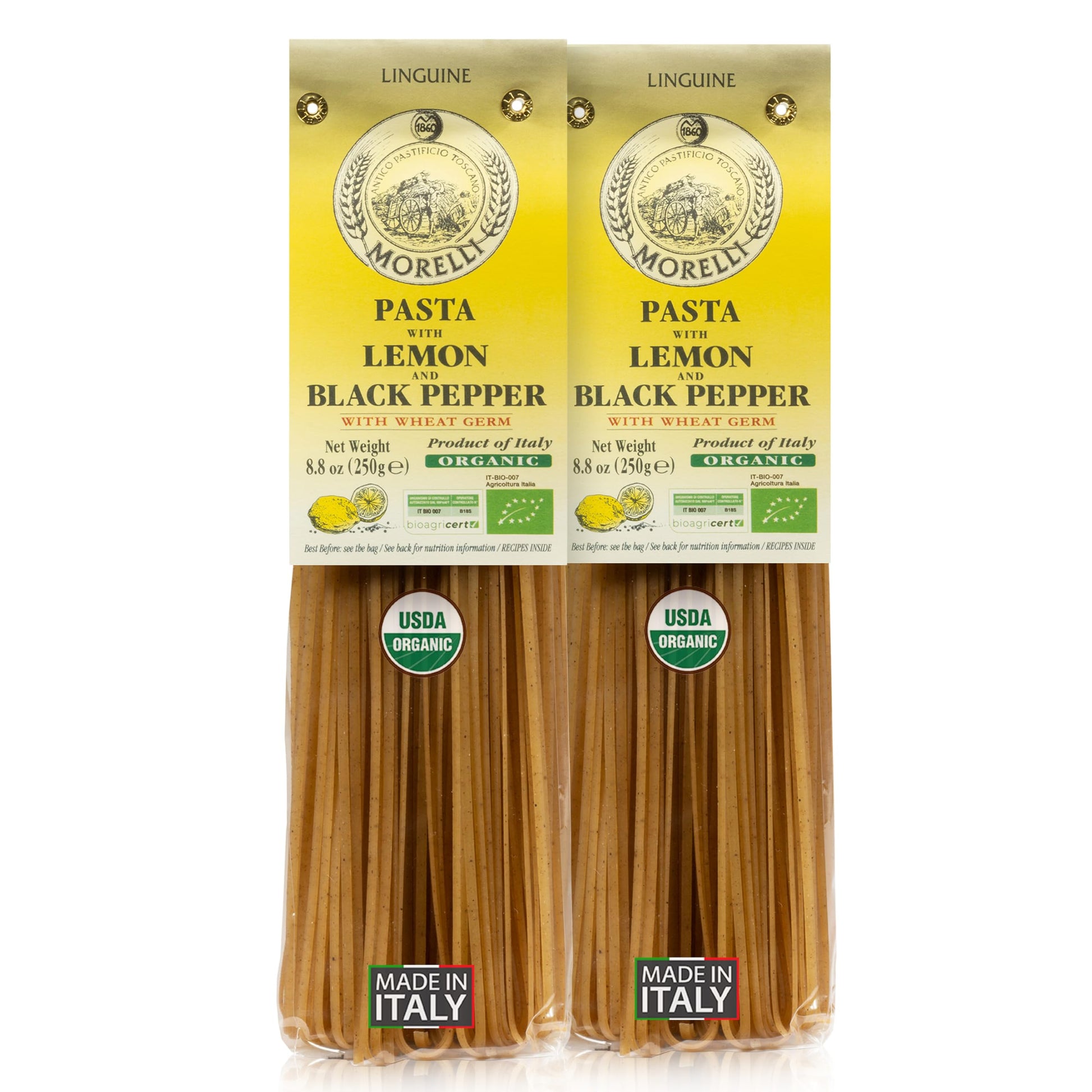 Morelli Lemon Pepper Linguine Pasta with Wheat Germ - Imported Linguine Organic Pasta from Italy - Naturally Flavored, Made in I