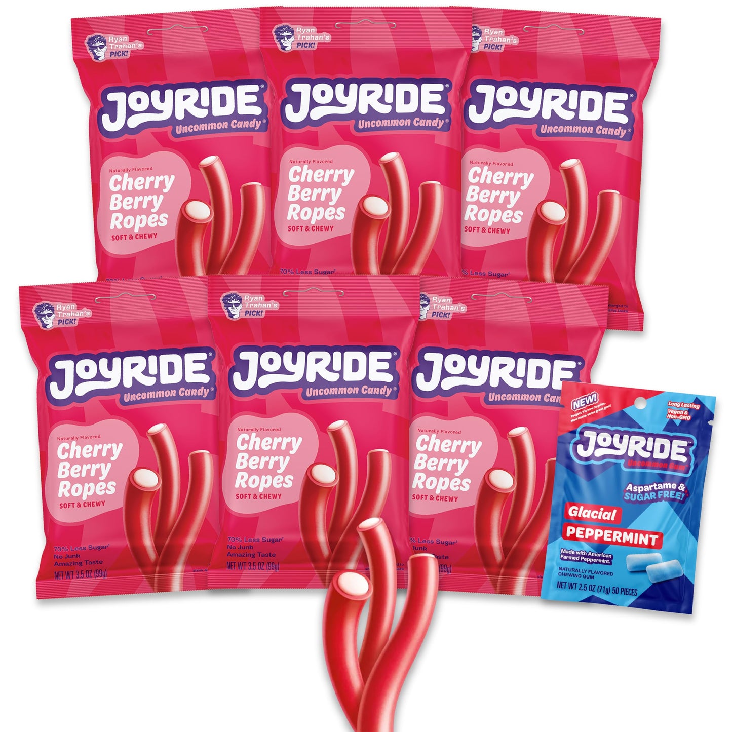 JOYRIDE Cherry Berry Ropes - 3.5 oz 6-Pack Bundle with 2.5oz Glacial Peppermint Gum, Tart Cherry Licorice, Low Calorie Candy, Lo