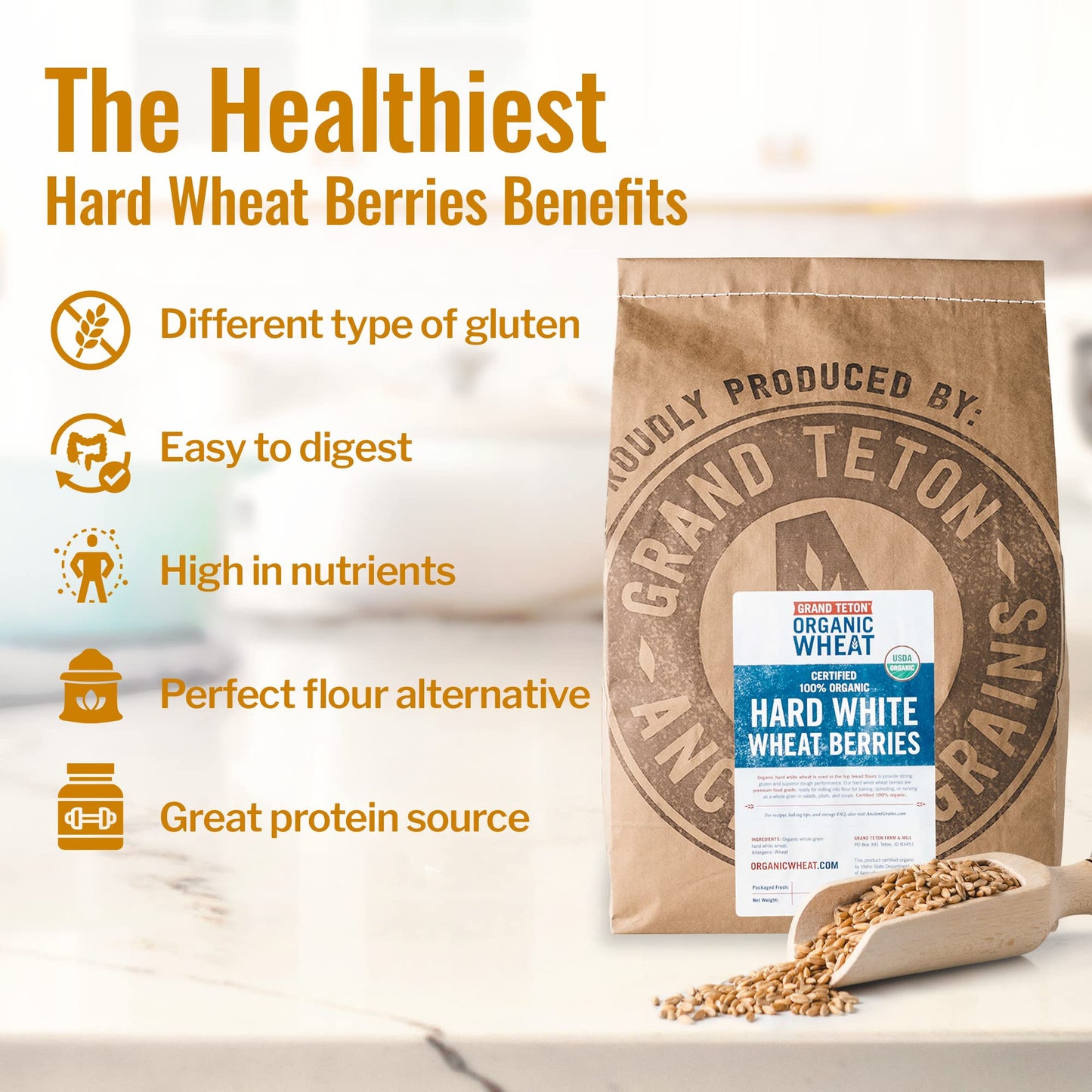 Grand Teton - 100% Organic Hard White Wheat Berries, Us-Grown Wheat Berries Bulk, Packed With Fiber, Iron, And Protein, Premium