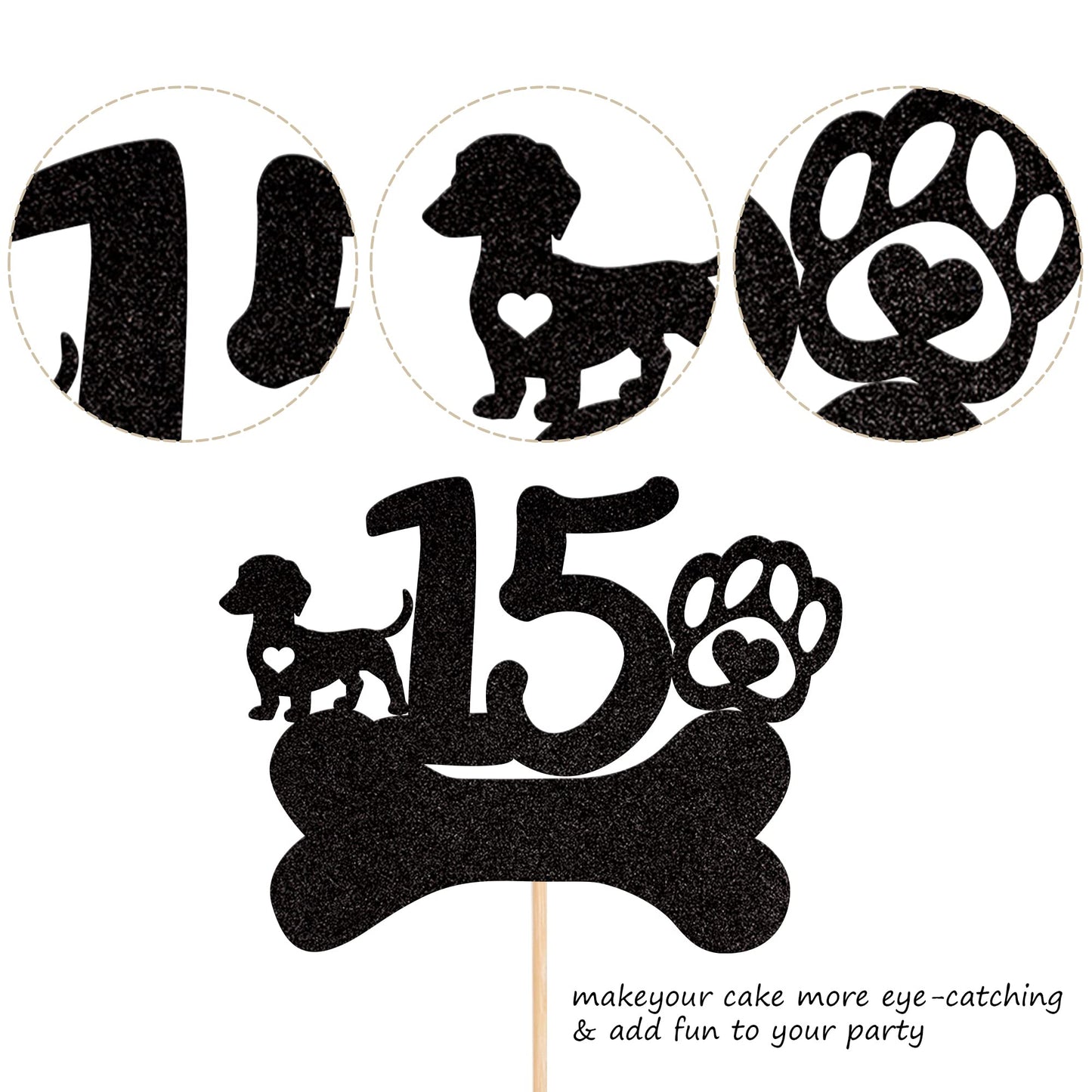 1 Pcs 15Th Birthday Cake Topper Black Glitter Dog Paw Fifteen Years Old Birthday Puppy Dog Bone Cake Pick For Let'S Pawty Baby S