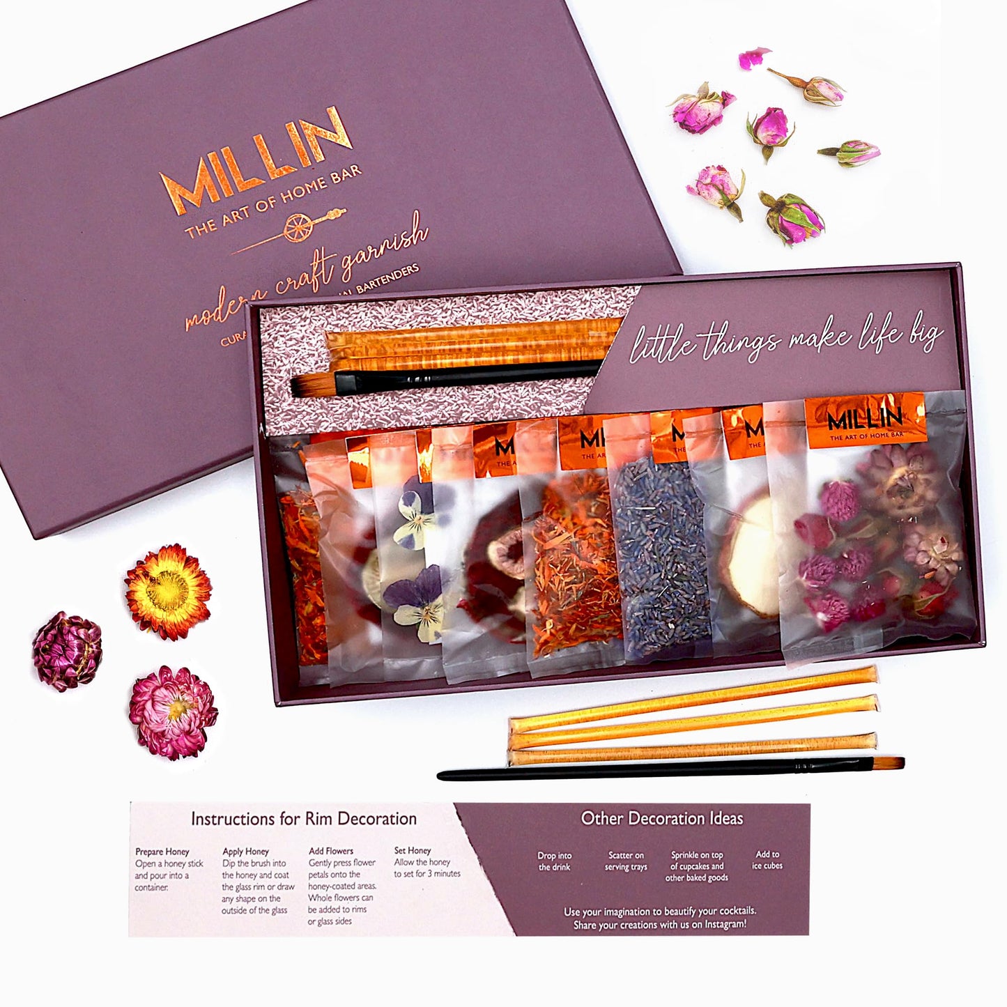Millin Cocktail Garnish Gift Set - Edible Flowers & Dehydrated Fruits, 150 Drinks, 100% Natural