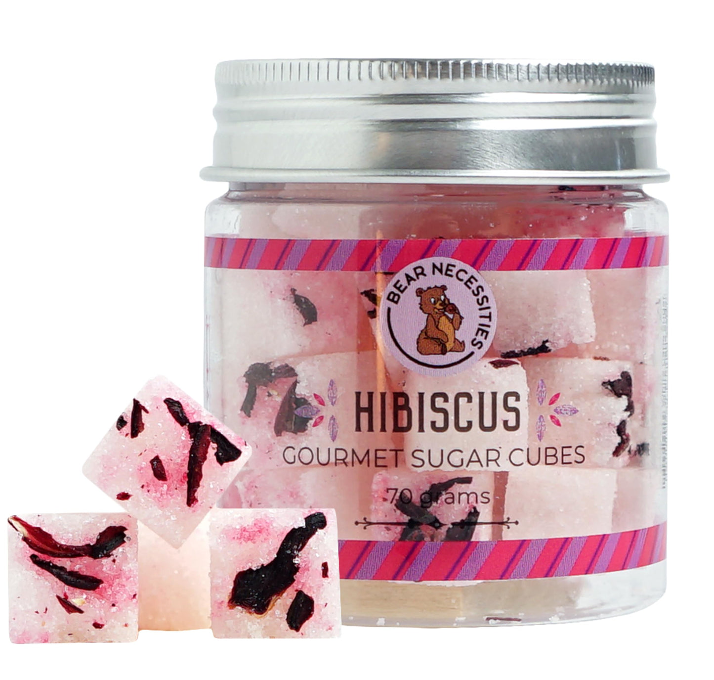 Bear Necessities Gourmet Hibiscus Infused Sugar Cubes - Handcrafted Pure Cane Sugar - 70g Jar - Perfect for Tea & Cocktails