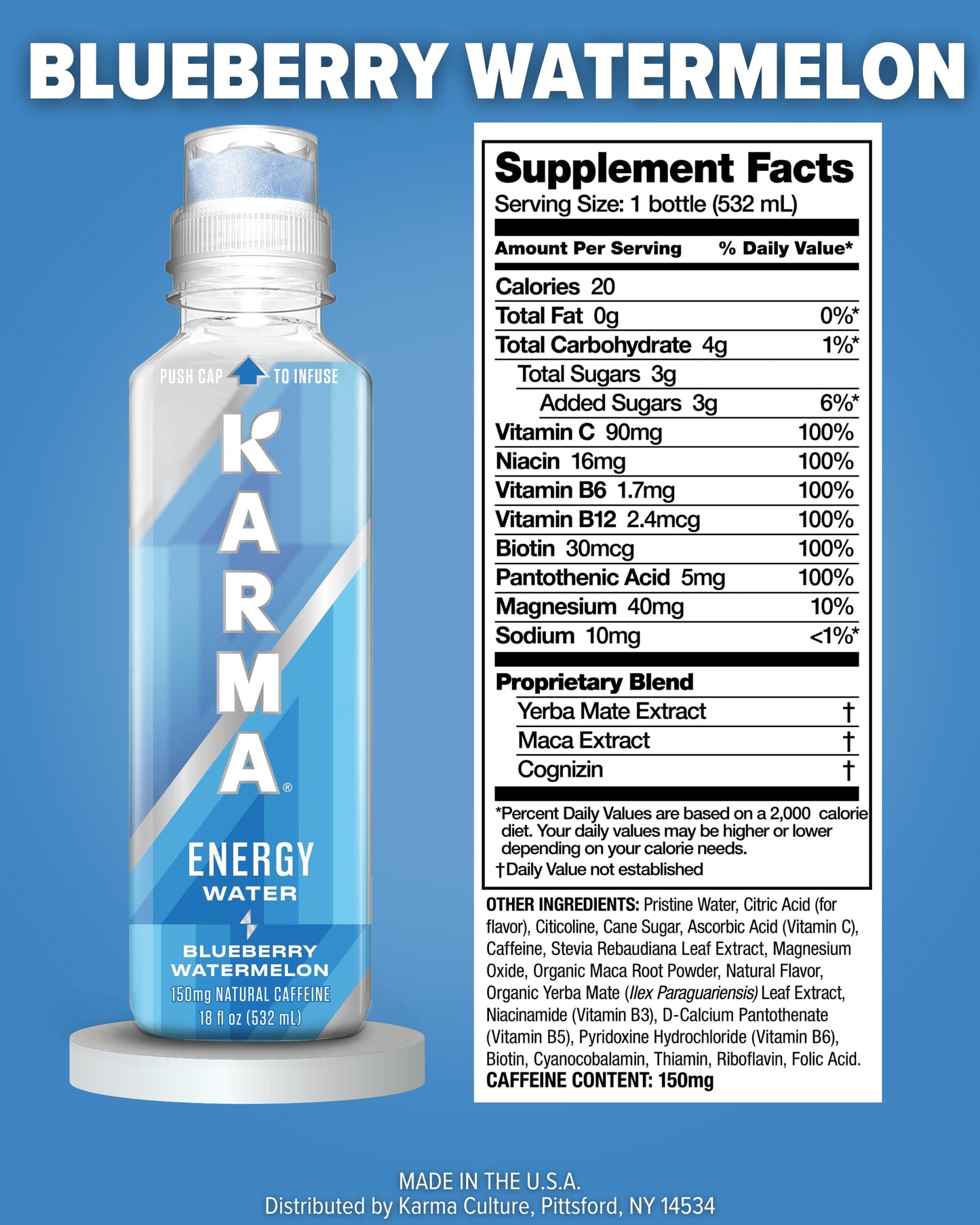 Karma Blueberry Watermelon Energy Water l Caffeinated Natural Energy Drink l Low Calorie Focus and Energy Boost, 18 Fl Oz (Pack