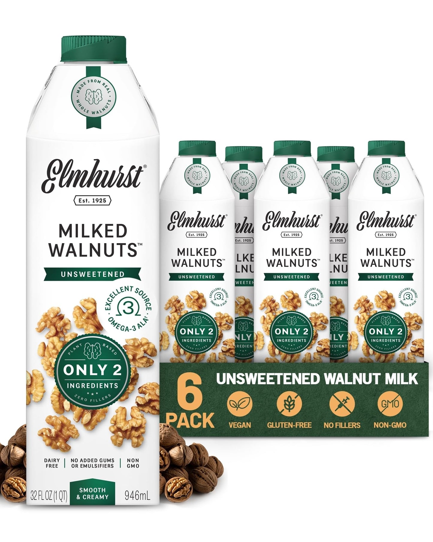 Elmhurst Unsweetened Walnut Milk, Dairy Free, Vegan, 32 Ounce (Pack of 6)