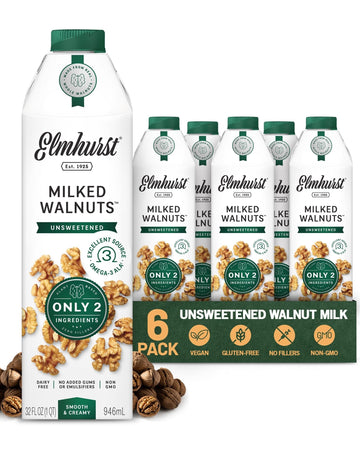 Elmhurst Unsweetened Walnut Milk, Dairy Free, Vegan, 32 Ounce (Pack of 6)