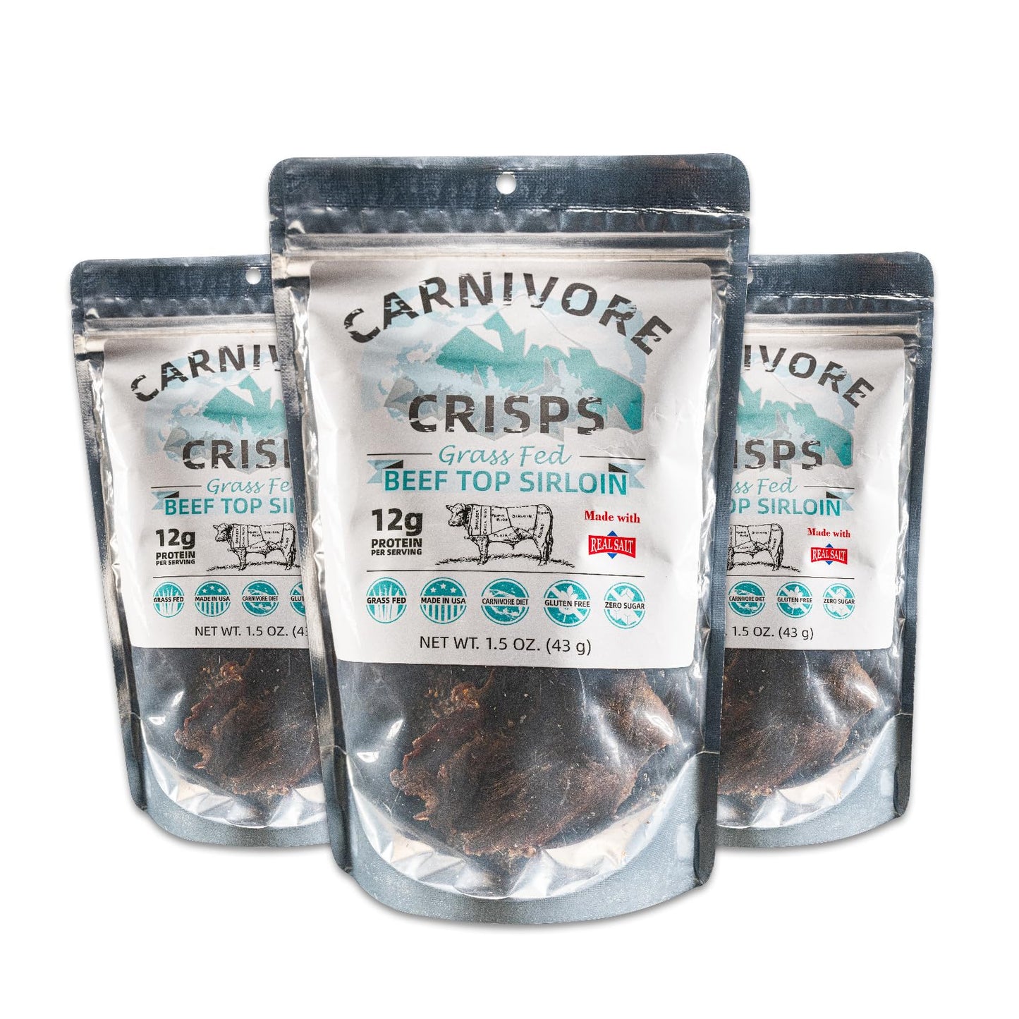 Carnivore Crisps Beef Top Sirloin Crisps, High Protein, Gluten-Free, 1.5 oz (Pack of 3)