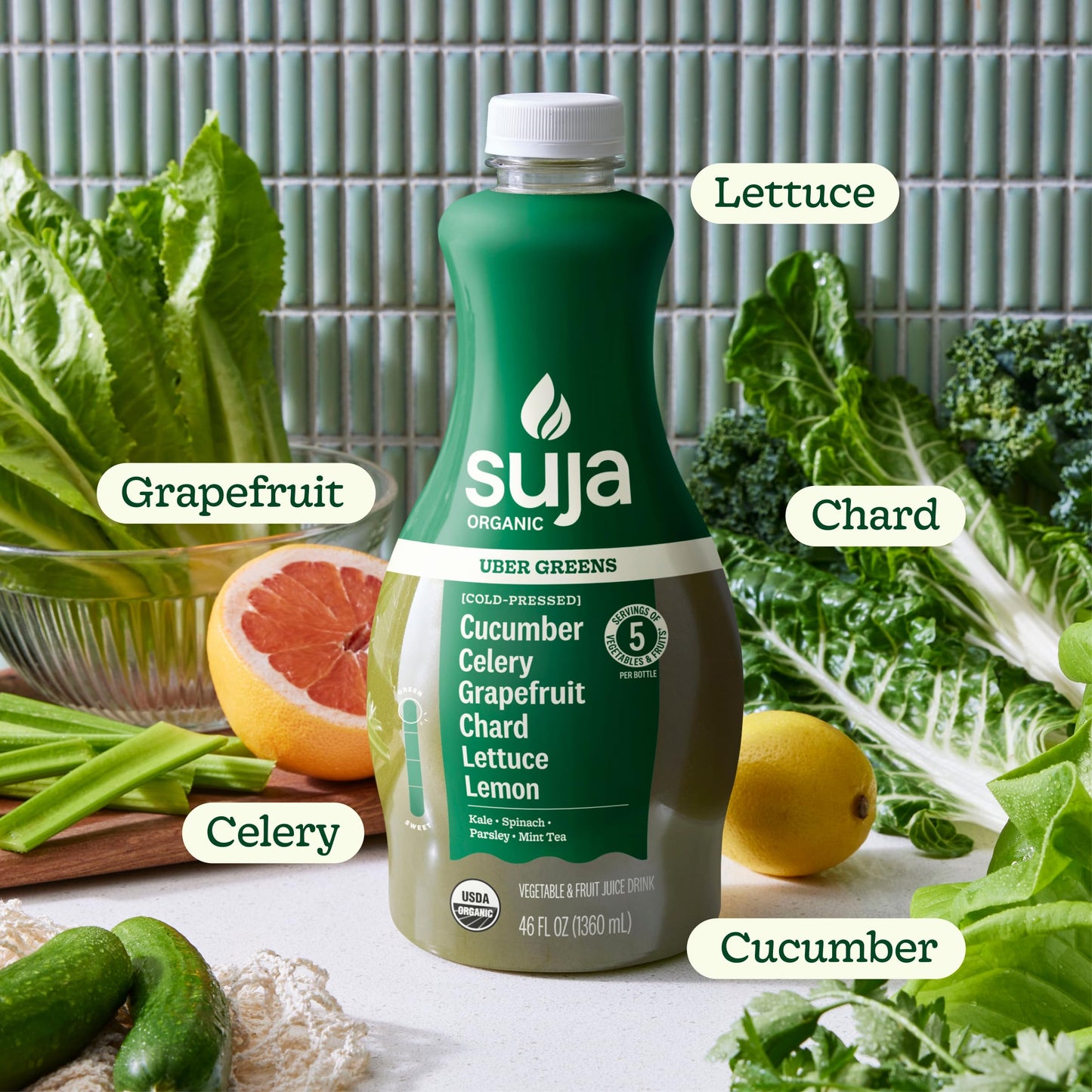 Suja Organic Cold-Pressed Uber Greens, Green Juice full of Leafy Green Cucumber, Celery, Chard, Lettuce, Kale & Grapefruit, Vega