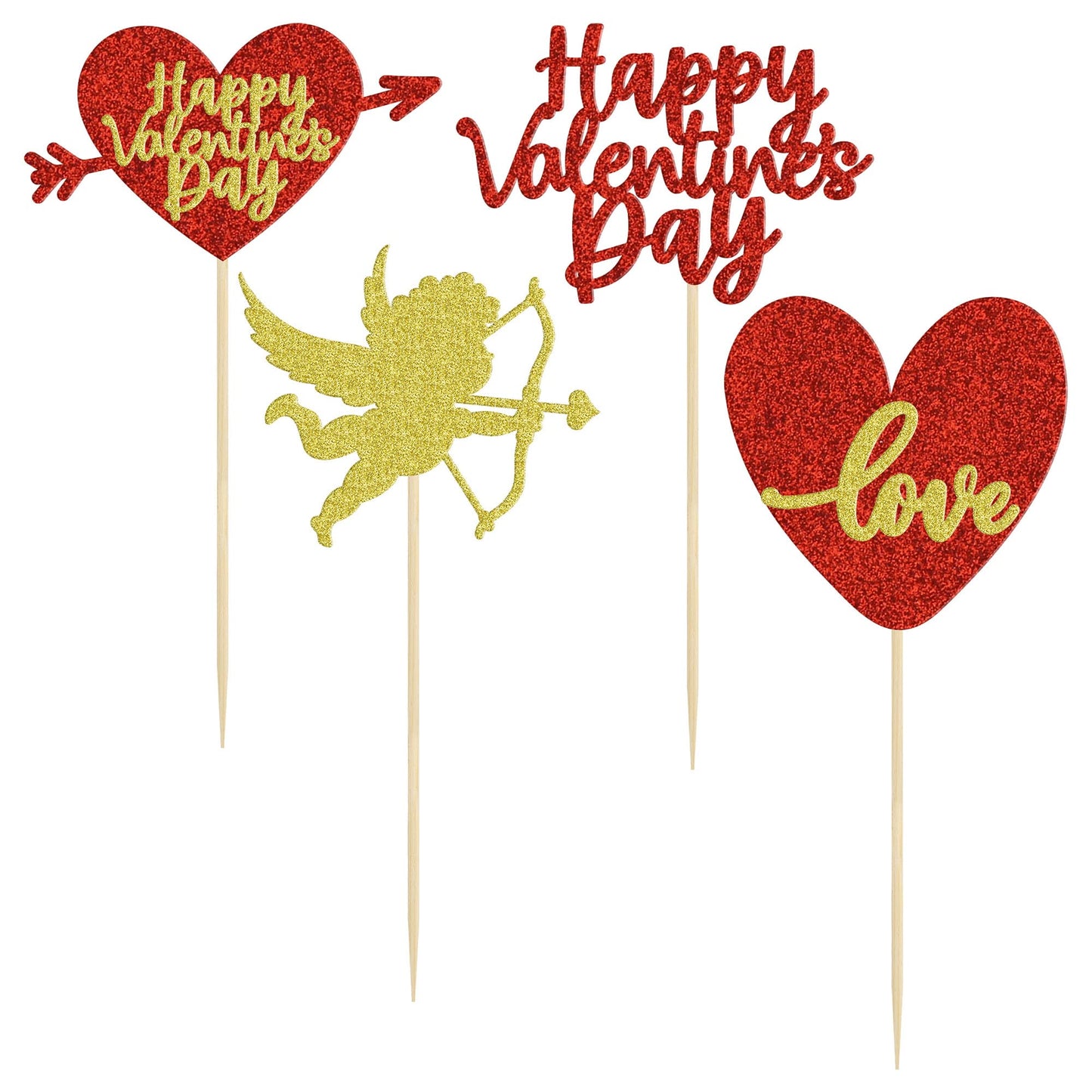 Gyufise 24 Pack Red Gold Glitter Happy Valentine Day Cupcake Toppers Love Heart Cupcake Toppers For Valentine Theme Wedding Enga