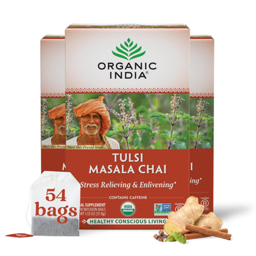 ORGANIC INDIA Tulsi Masala Chai Tea Bags - Holy Basil, Black Tea, Spices with Ginger, Stress Relieving, Immune Support, USDA Cer