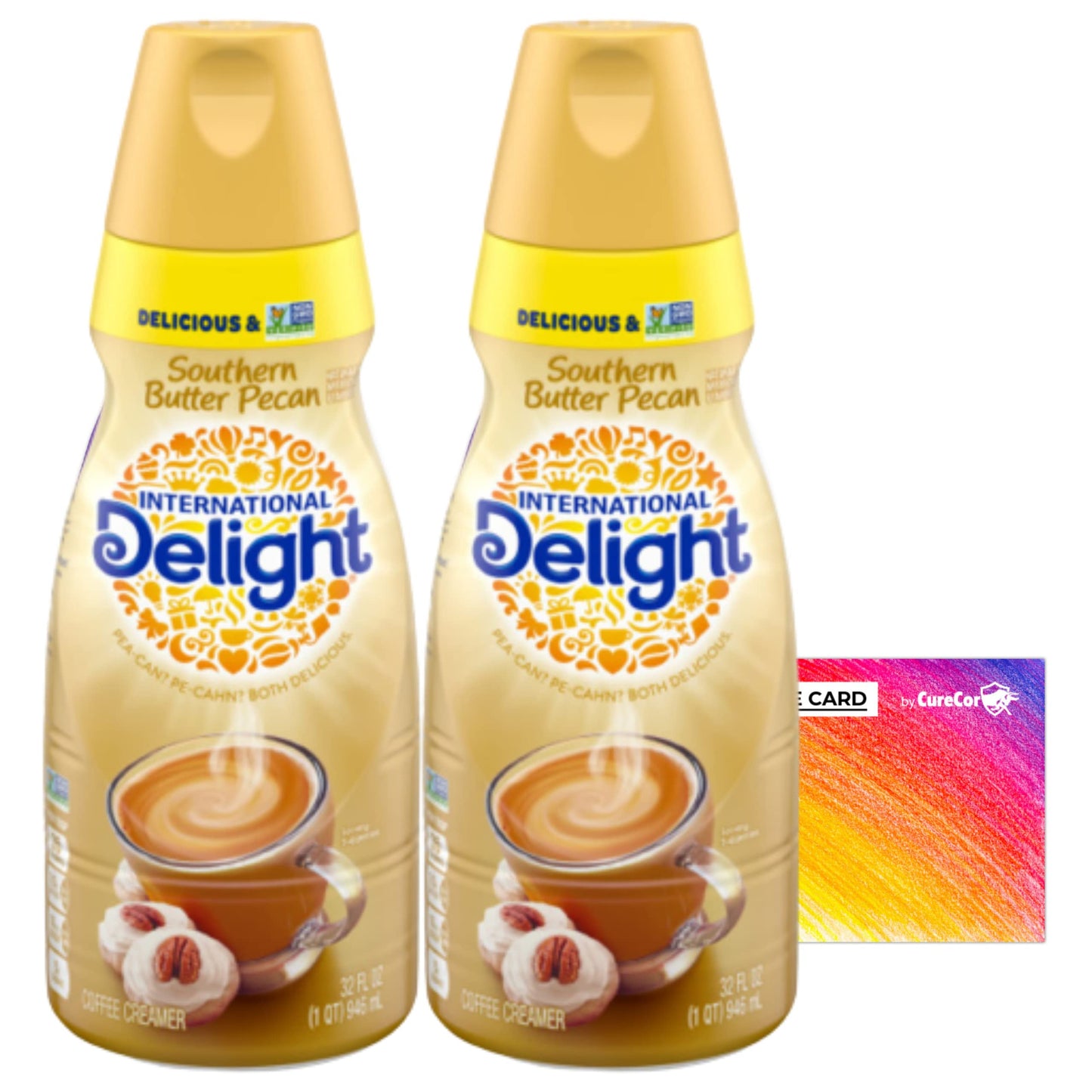 International-Delight Liquid Coffee Creamer.- Two (2) 32 fl oz Bottles of Creamy Smooth Delightful Coffee Creamer and One Authen