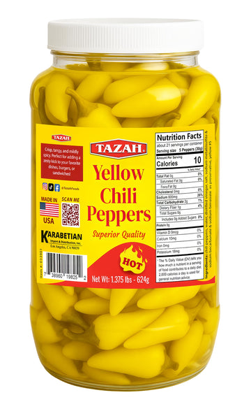 TAZAH Chili Peppers 22oz (624g) - Pickled Hot Yellow Cascabella Peppers