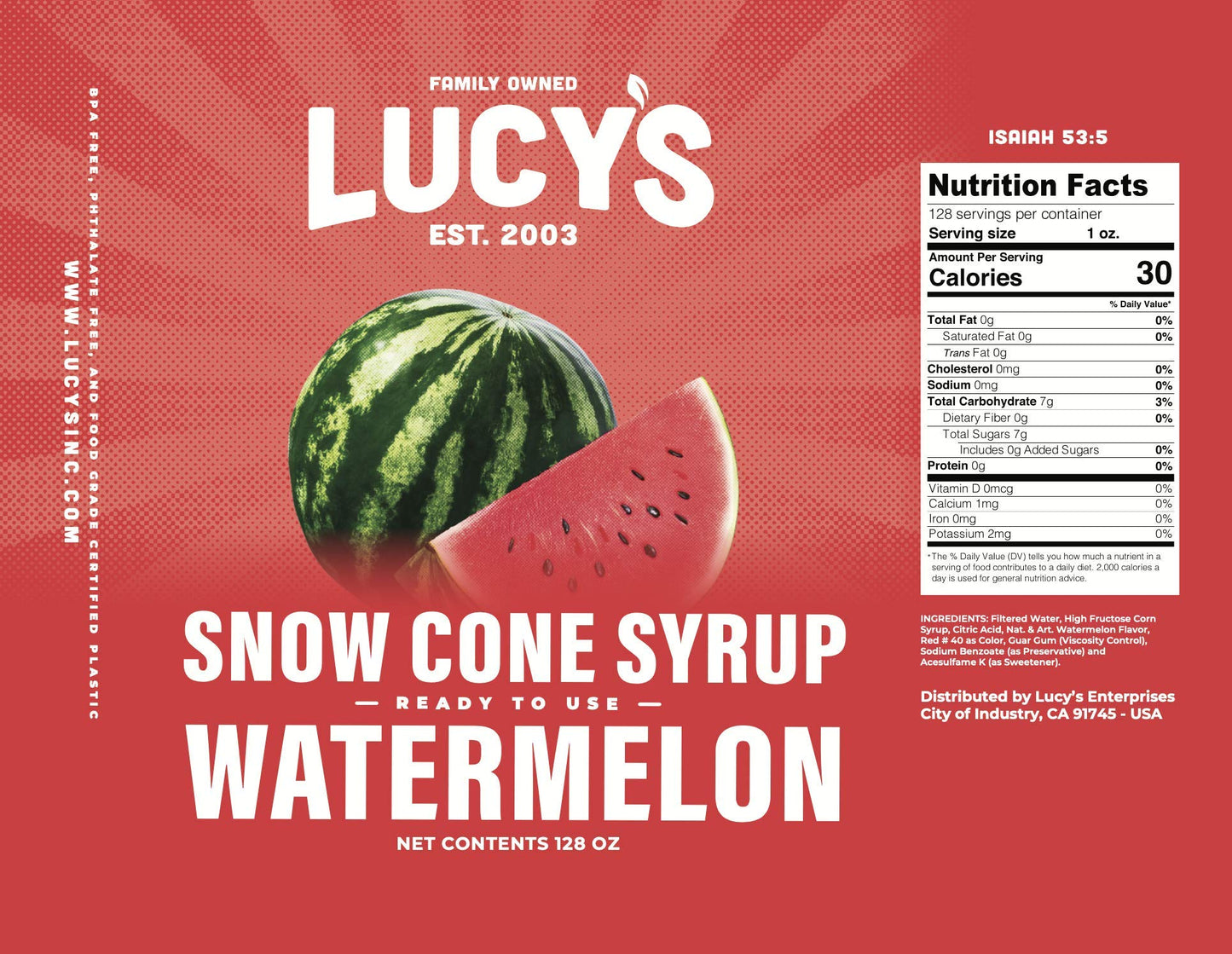 Lucys Family Owned - Shaved Ice Snow Cone Syrup, Watermelon - 1 Gallon (128oz.)