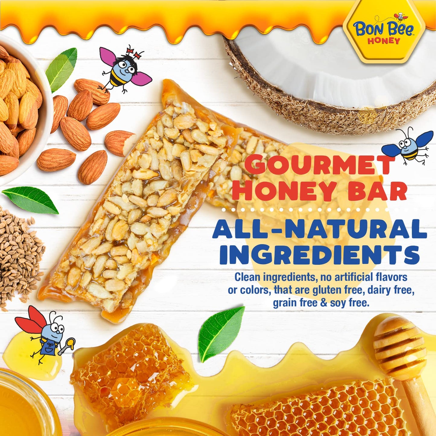 Bon Bee Honey Bunchies All Natural Honey Bar - Natural Breakfast & Nutrition Bars For Healthy Energy & Fuel - Variety Of Delicio
