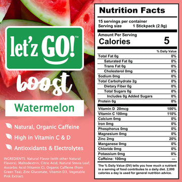 Letz Go! Healthy Caffeine Energy Drink Mix, Sugar Free, 15 Pack, 0.09 Ounce Each, Watermelon Flavor, High in Vitamins C + D, Electrolytes