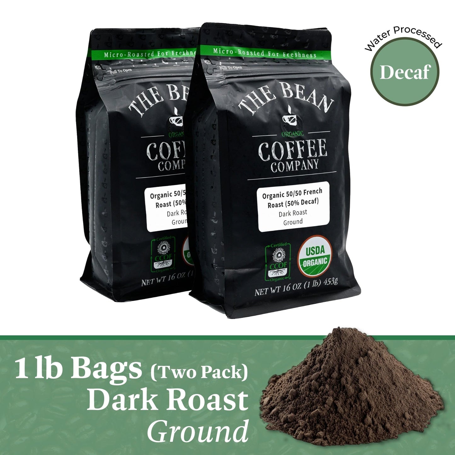 The Bean Organic Coffee Company Half Caff French Roast Ground Coffee, 16 Ounce Bags (Pack of 2)