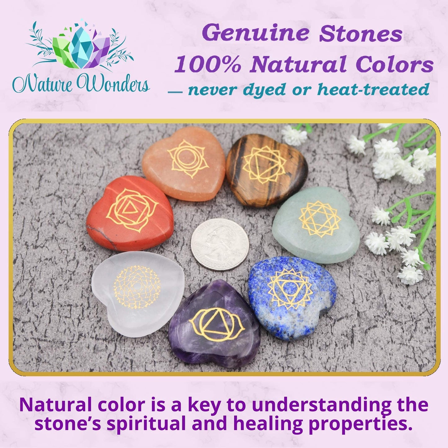 Naturewonders All Natural 7 Chakra Stone Set (Heart-Shaped) With Engraved Symbols (Gift Box, Information Brochure & Pouch) - Hea