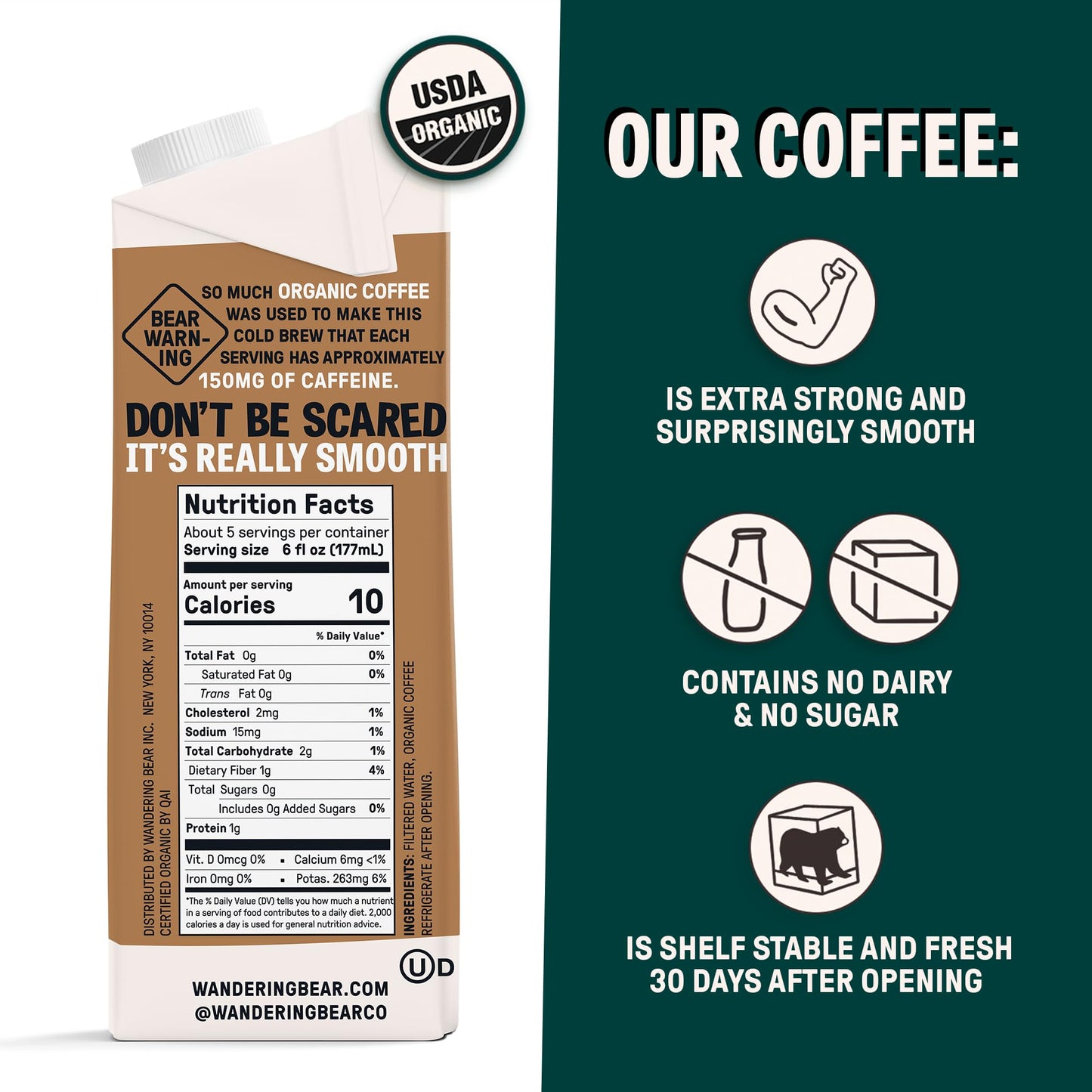 Wandering Bear Straight Black Organic Cold Brew Coffee, 32 Fl Oz, 1 Pack - Extra Strong, Smooth, Organic, Unsweetened, Shelf-Sta