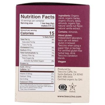 Teeccino Vanilla Nut Herbal Tea - Caffeine Free, Prebiotic, 10 Tea Bags, Brown