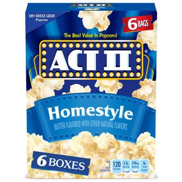 Act II Homestyle Microwave Popcorn, Movie Night Supplies, 2.75 oz., 6-Count Bags (Pack of 6)