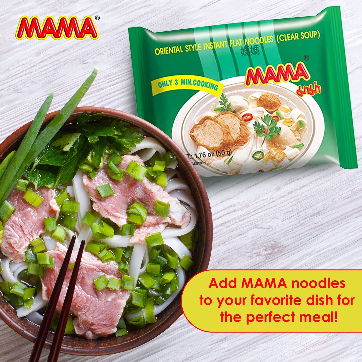 Mama Noodles Flat Clear Soup Instant Rice Noodles W/Delicious Thai Flavors, Hot & Spicy Noodles, No Trans Fat W/Fewer Calories T