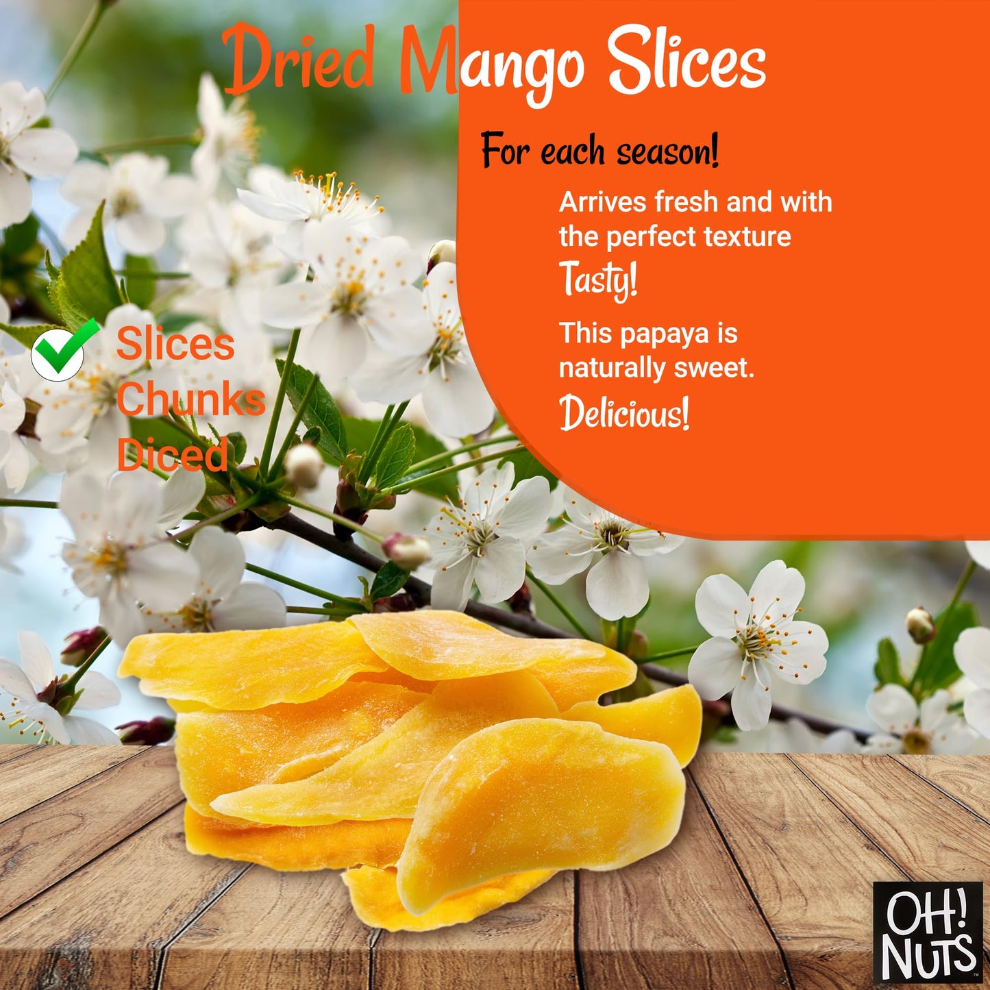 Dried Mango | 1 Lb - Dried Fruit Slices | Less Sugar Added | Dehydrated Fruit Bites | Packed In New York Zip-Seal Bag For Exceptional Freshness By Oh Nuts