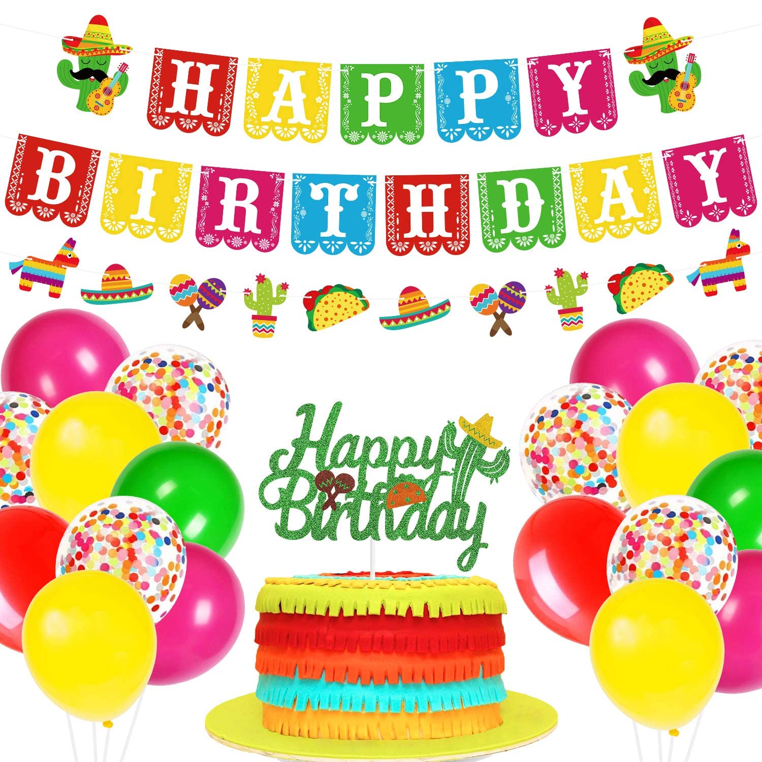 Mexican Themed Birthday Party Supplies, Fiesta Birthday Banner And Cake Topper, Taco Party Decorations For Kids