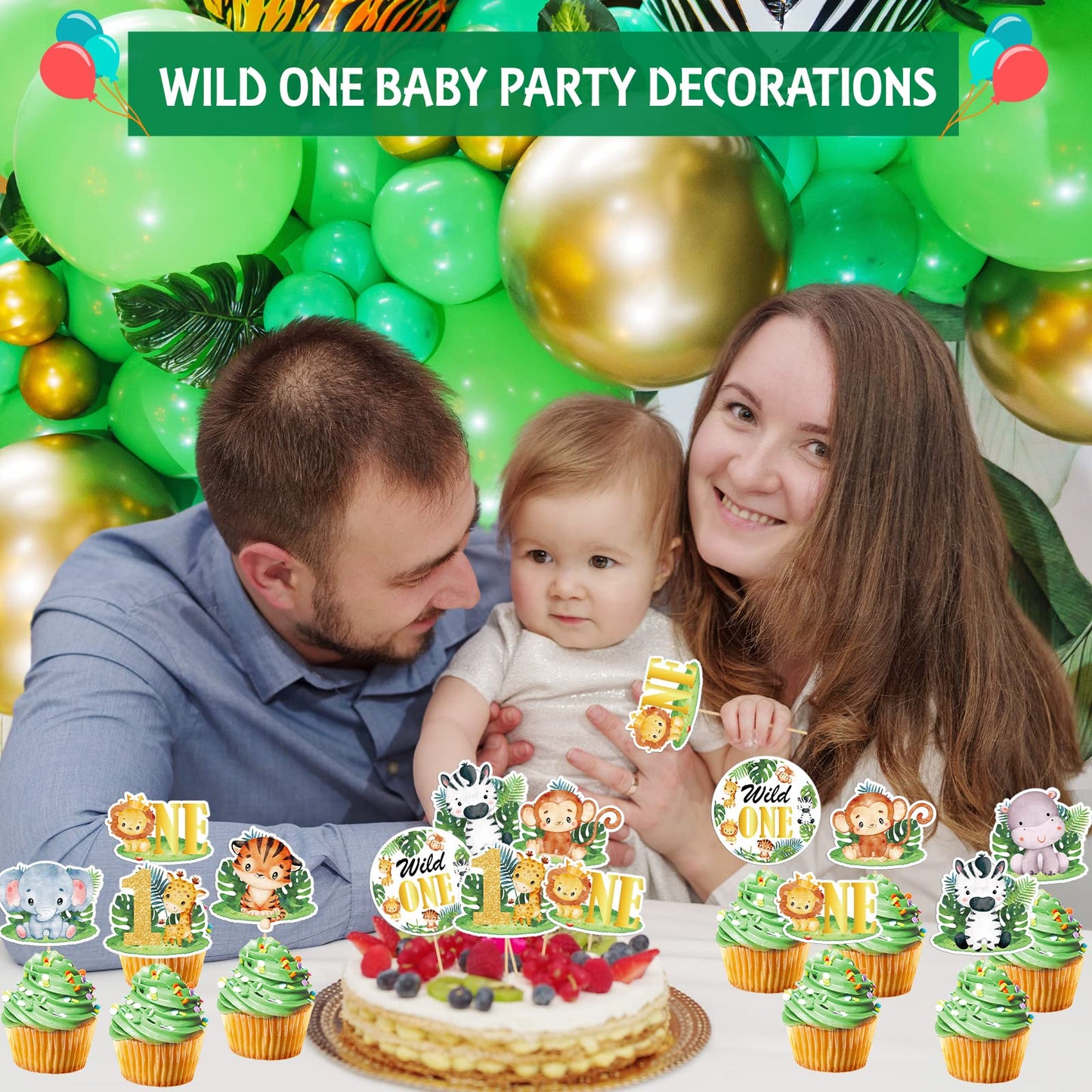 Weecent 48 Pcs Wild One Cupcake Toppers Baby 1St Birthday Decorations Jungle Safari Theme Cake Toppers For Baby Boy Girls Safari