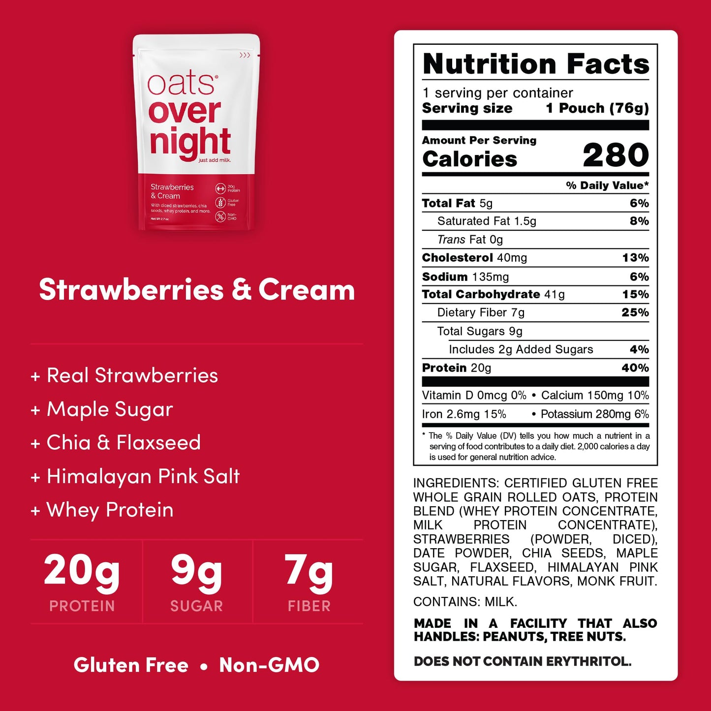 Oats Overnight Breakfast Shake - Strawberries & Cream - 20g Protein, Gluten Free - 2.7 oz per meal (8 Pack + BlenderBottle)