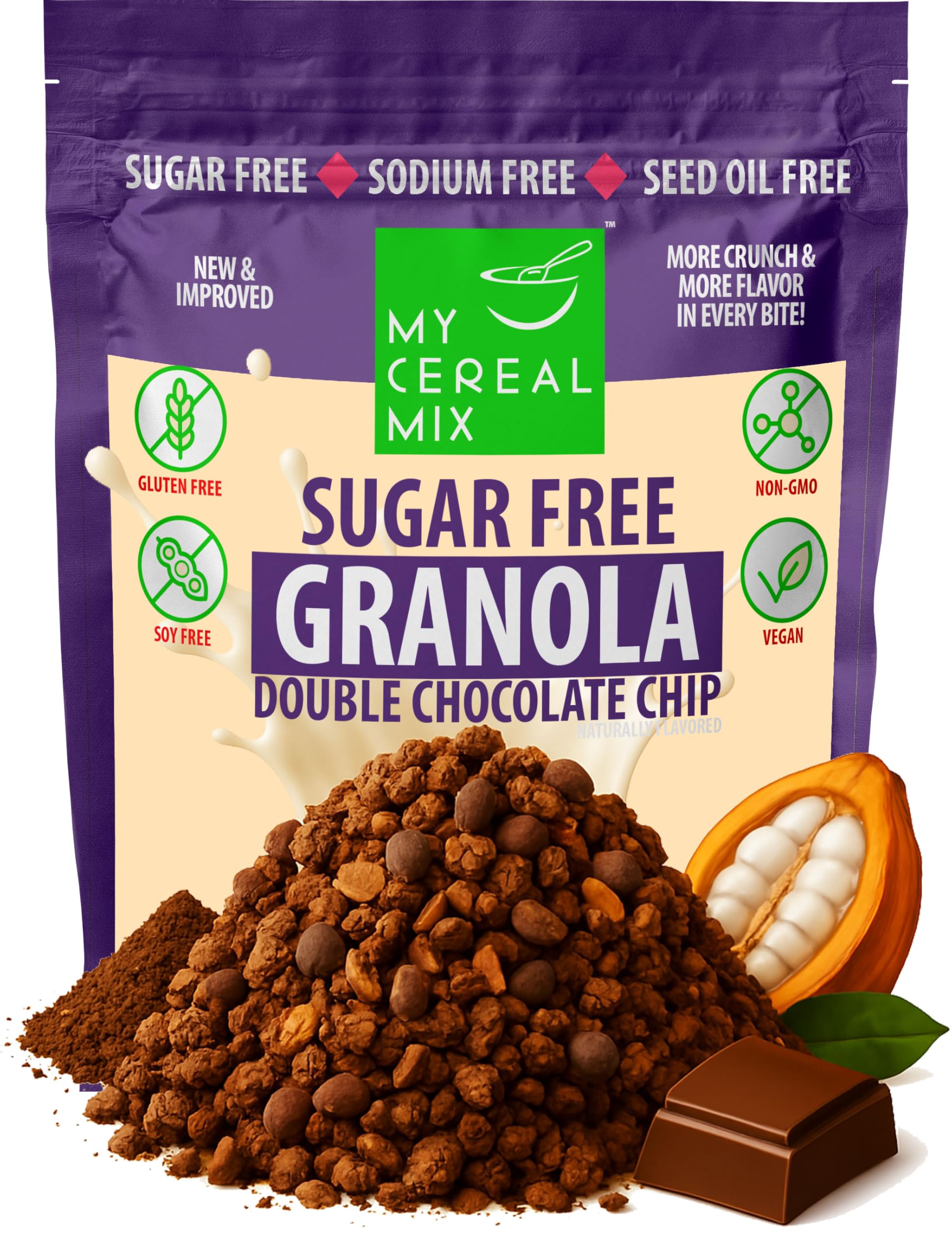 MyCerealMix Sugar Free Double Chocolate Chip Granola - Vegan, Gluten Free Cereal - Monk Fruit & Allulose Sweetened - Diabetic Fr